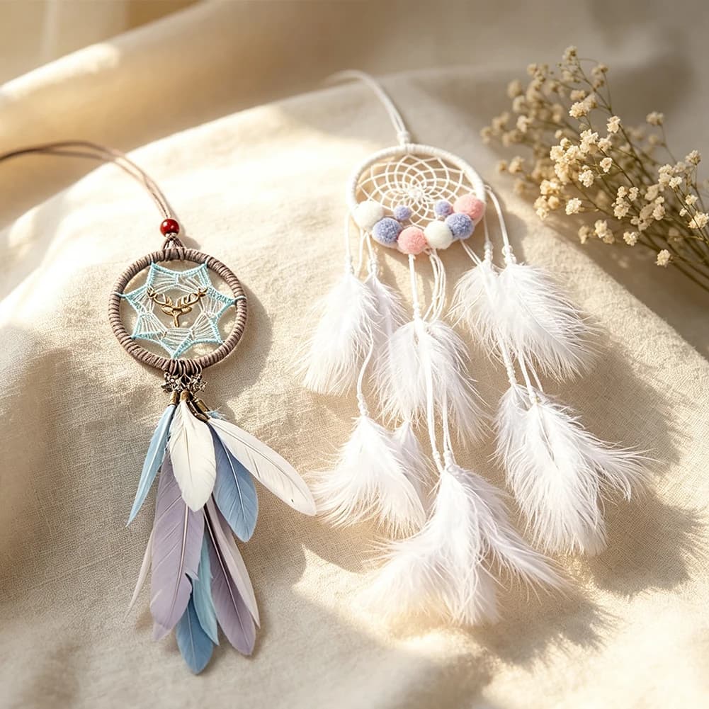 Round Woven Pompom Deer Head Dreamcatcher Feather Tassel Five Pointed Star Pendant Porch Wall Mounted Rearview Mirror Ornament