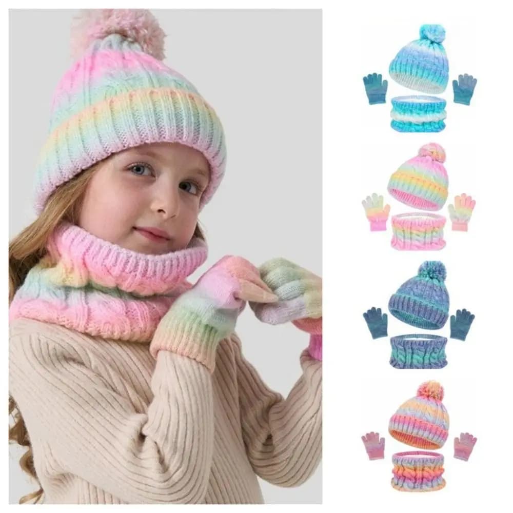 Gradient Color Baby Hat Scarf Gloves Set Warm Ears Thickened Toddler Knitted Hat with Velvet Cute Pompom Kids Hat Set Daily