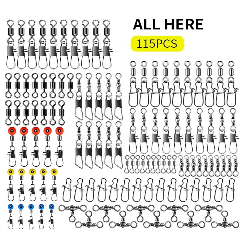 115-piece swivel fishing connector kit with box - Ball bearing straps, Duo Lock pressure buttons for fishing gear with fresh salt water bait