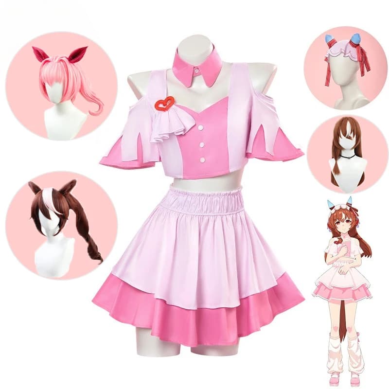 ANIMECC IN STOCK Parrucca Cosplay Umamusume Still in Love Tokai Teio Haru Urara Oguri con Coda e Vestito Rosa per Halloween da Donna