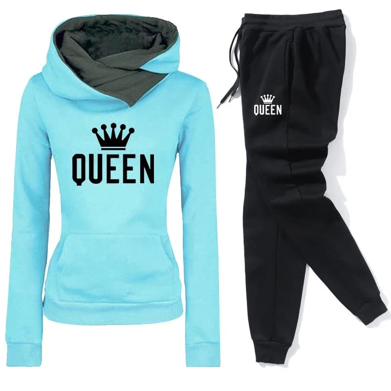 Queen Printing Womens Tracksuit Irregular Collar Hoodies Fashion Sweatshirt 2 Pcs Set Casual Home Woman Clothing Autumn Winter