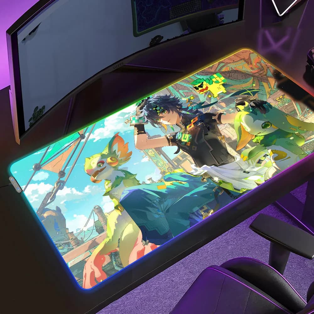 Tappetino per mouse da gioco Genshin Impact Kinich, tappetino da gioco con LED, tappetini da tavolo con retroilluminazione Micro USB, tappetini da scrivania RGB in gomma XXL