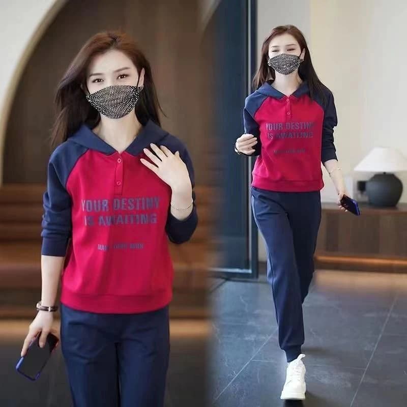 Trendy Anti-Aging Color Block Large Size Hoodie Sweatshirt Casual Wear Women's Two-Piece Set Spring Autumn New Style Cuffed P...