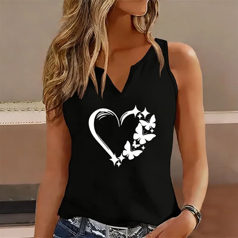 T-shirt vintage senza maniche con scollo a V e stampa a farfalla, gilet casual alla moda da donna con cuore, maglietta a V