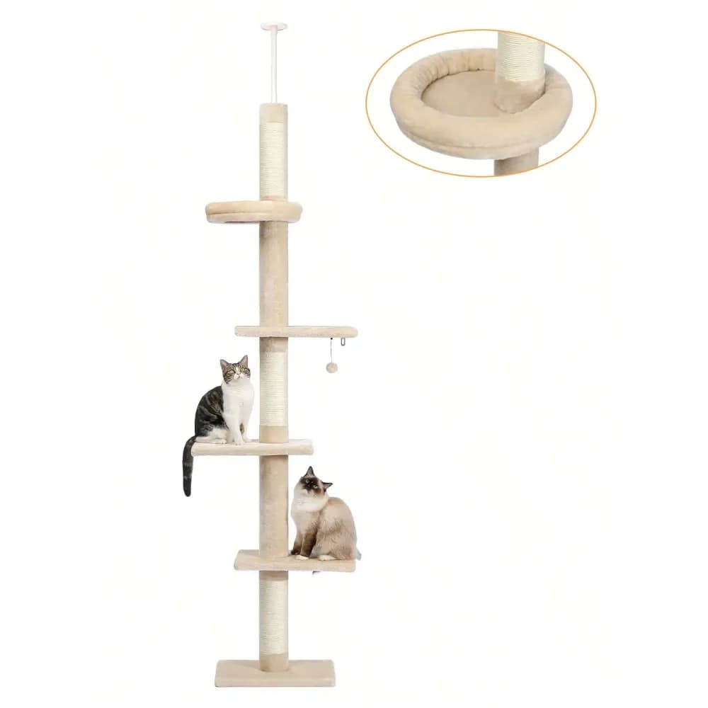 95107 Albero per Gatti a 5 Livelli da Terra a Soffitto, Altezza Regolabile, con Tiragraffi e Cuccia Accogliente