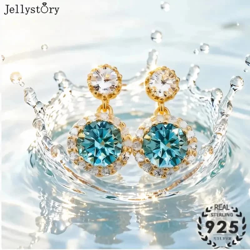 Jellystory S925 Sterling Silver Moissanite Earrings Dangle Drop 1ct Round Cut Halo Studs for Women Wedding Party Jewelry Gift