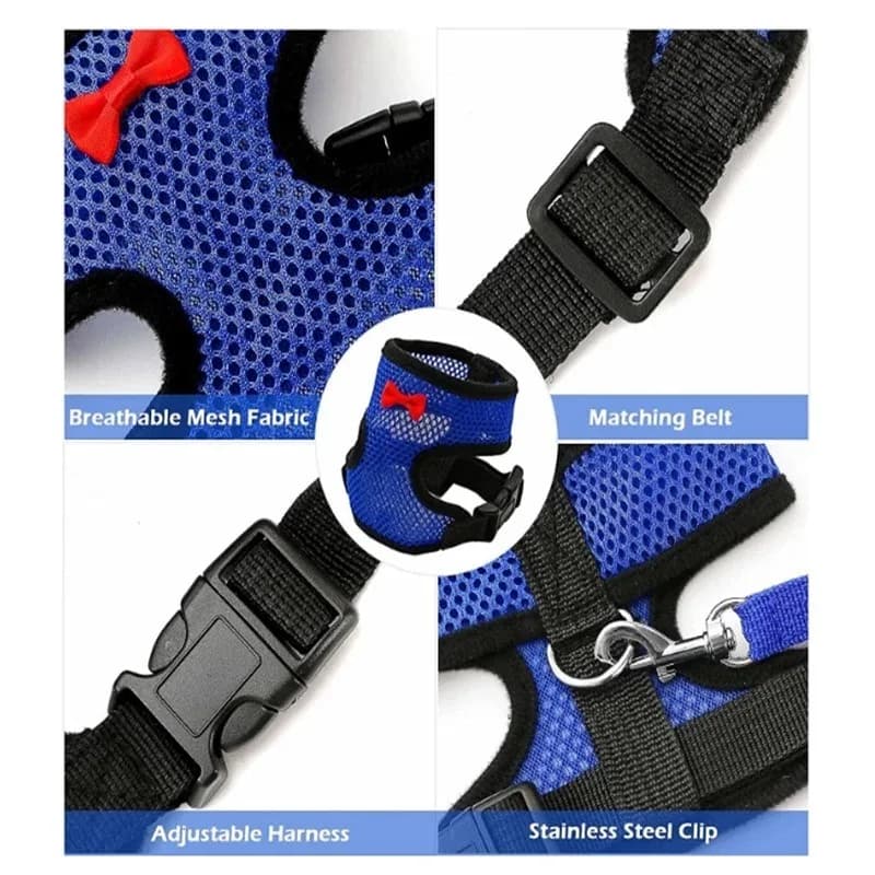 Set di gilet per imbracatura per animali domestici in rete alla moda con collare a fiocco Guinzaglio traspirante per cani di piccola taglia Gatti Pollame Comodo regolabile
