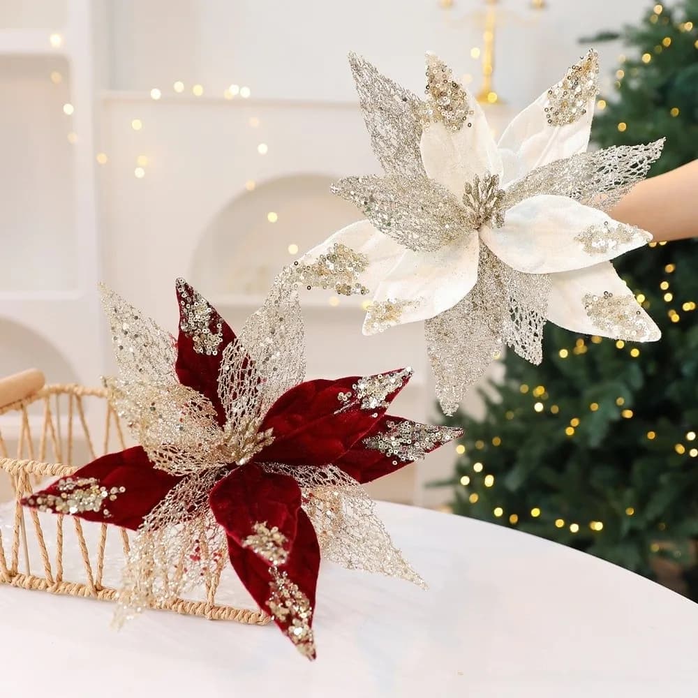 29cm Artificial Christmas Flower Velvet Simulation Christmas Tree Wreath Realistic Handmade Xmas Tree Ornaments