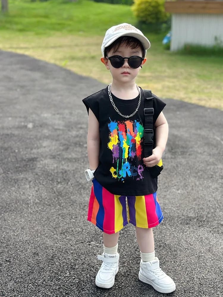 Completo sportivo estivo per bambino, set di abbigliamento per bambini, t-shirt senza maniche + pantaloncini, 2 pezzi, outfit casual in cotone per bambini.