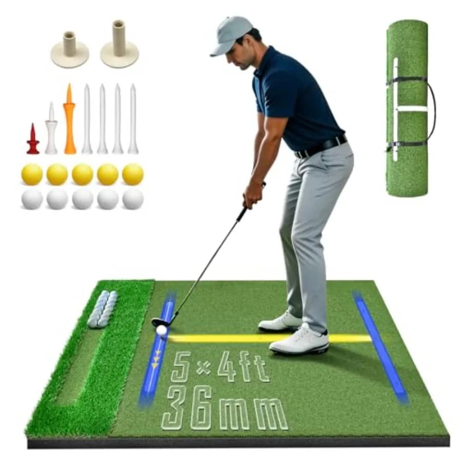 Tappetino da Golf Ingrandito e Ispessito 36mm, 5x4ft, con Doppio Tappeto e Vassoio Porta Palline per Interni ed Esterni, Resistente e Robusto