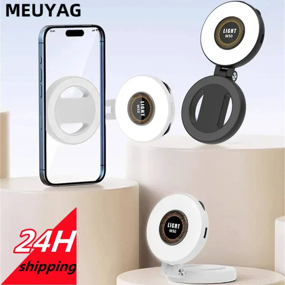 2in1 Portable Foldable Magnetic Rechargeable Ring Fill Light Phone Holder Perfect for Travel, Desktop, Selfies, Video, Makeup
