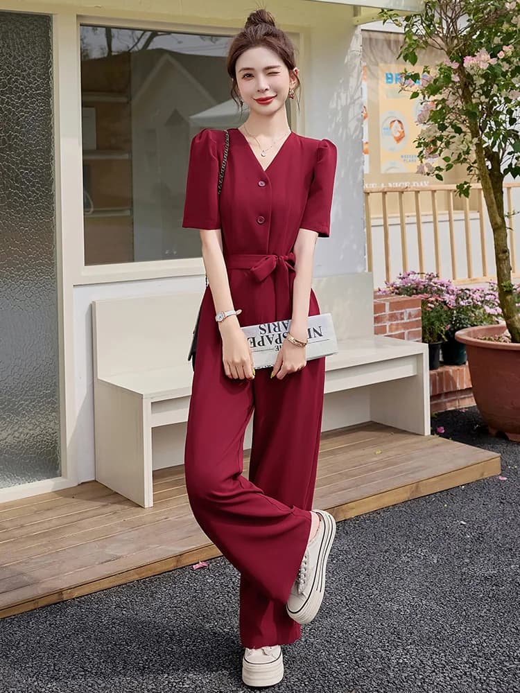 Women's Fashionable V pants, new wide leg summer pants with belt, slender, high waist, polyester fiber, casual
