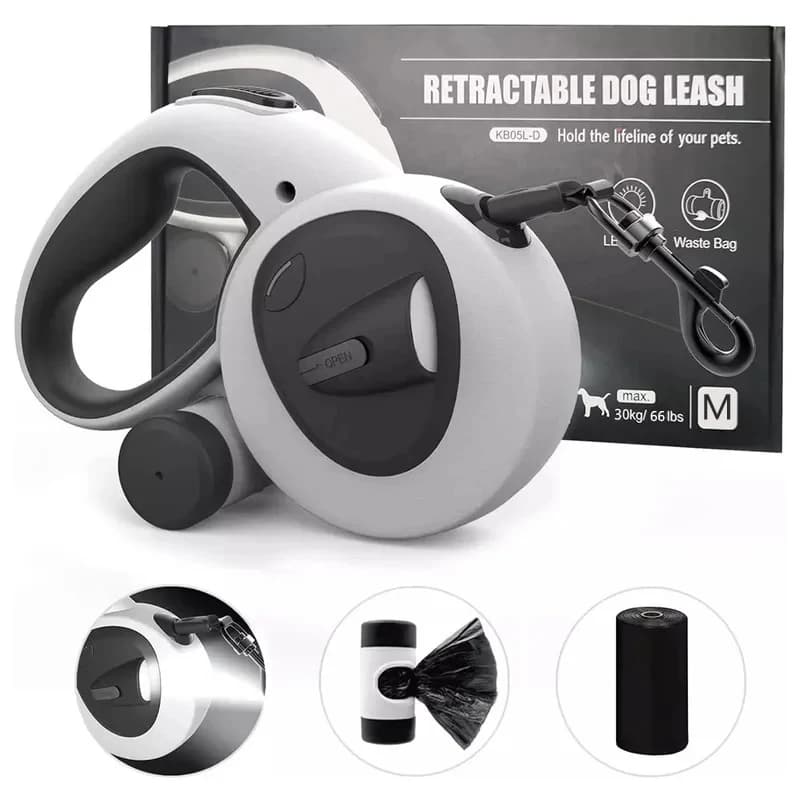 Guinzaglio retrattile automatico per animali domestici, guinzaglio da passeggio per cani lungo 5m con Dispenser per sacchetti dei rifiuti forniture per funi luminose a Led durevoli per cuccioli