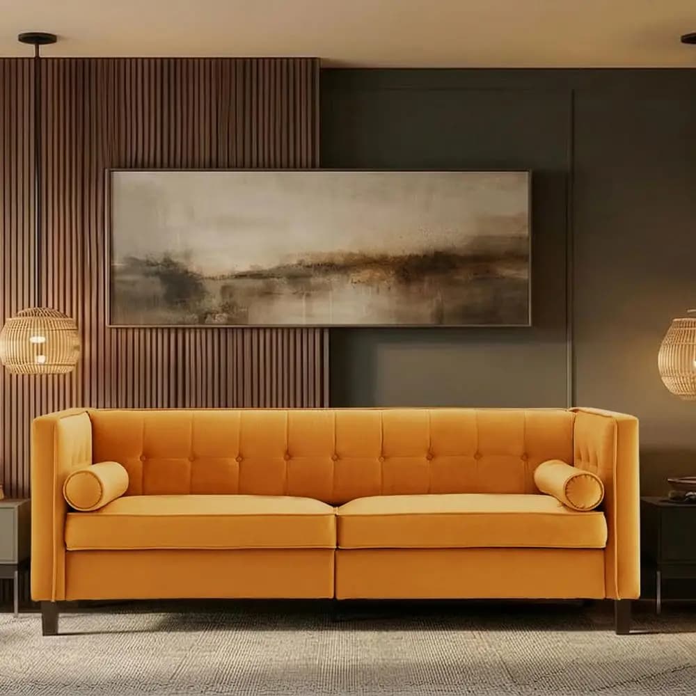 Mid-Century sofas with roller cushions, quilted sofa with buttons for living room, toolless mounting (Ginger)