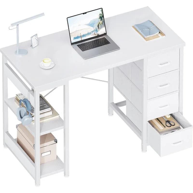 Scrivania per Computer da 40 Pollici con 4 Cassetti in Tessuto, Moderna Scrivania da Ufficio per Casa e Gaming con Ripiani Portaoggetti per Studio