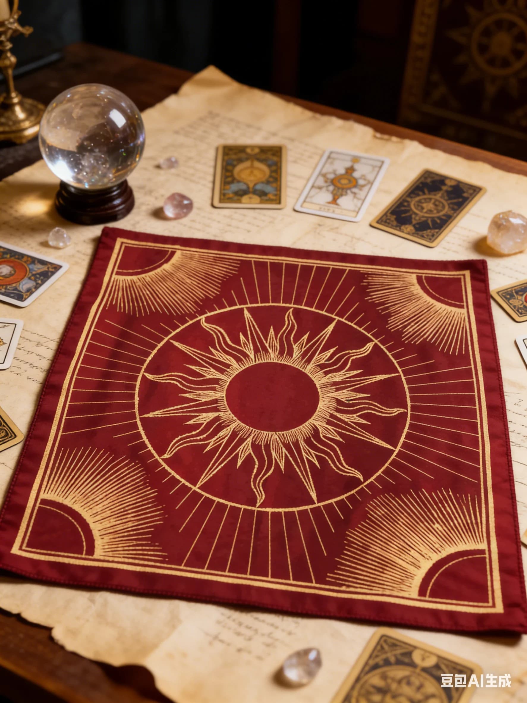 1 pz Tappeto Altare Sole Sacro Rosso Oro, Tappetino per Carte dei Tarocchi Sunburst, Tappeto Decorativo per Divinazione, Meditazione, Astrologia e Stregoneria