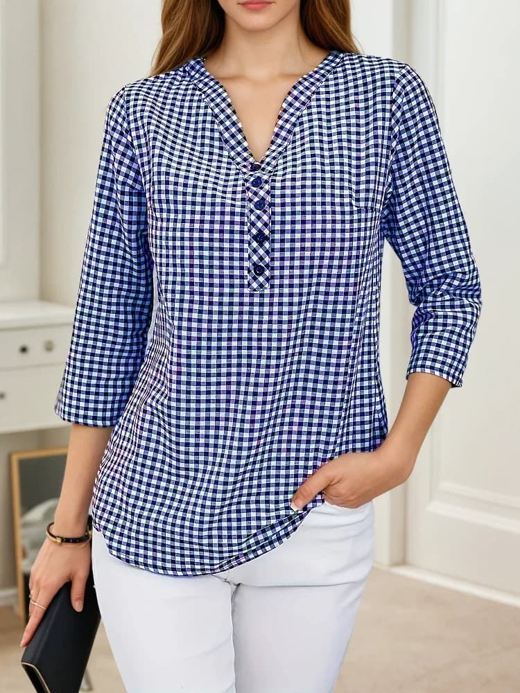 Plus Size Spring Autumn Women's Fine Plaid Fashion Long Sleeve T-shirt with V-neck Slim Fit Temperament Top Closure Covering Small Shirts