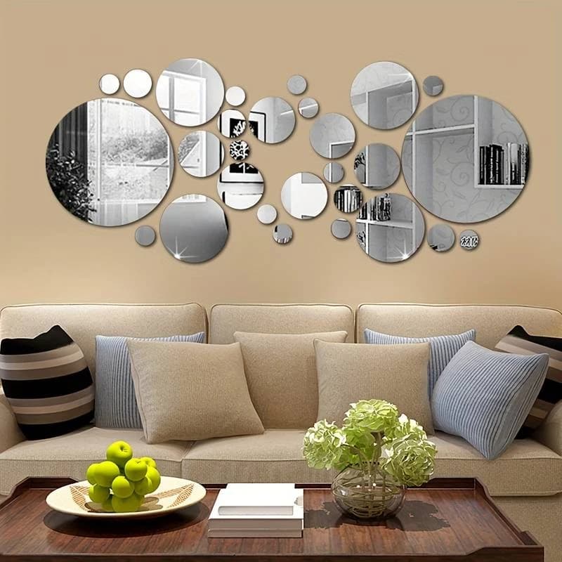 26 adesivi murali con specchio acrilico 3D, specchio rotondo, camera da letto fai da te, bagno e sfondo TV adesivi decorazione da parete