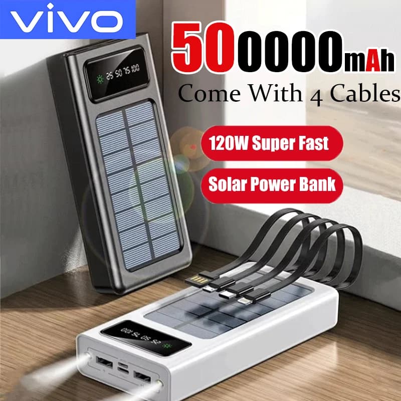VIVO Solar Power Bank 500000mAh Large Capacity Mobile Power Battery with Dual USB 4 Cables for iPhone Samsung 2025