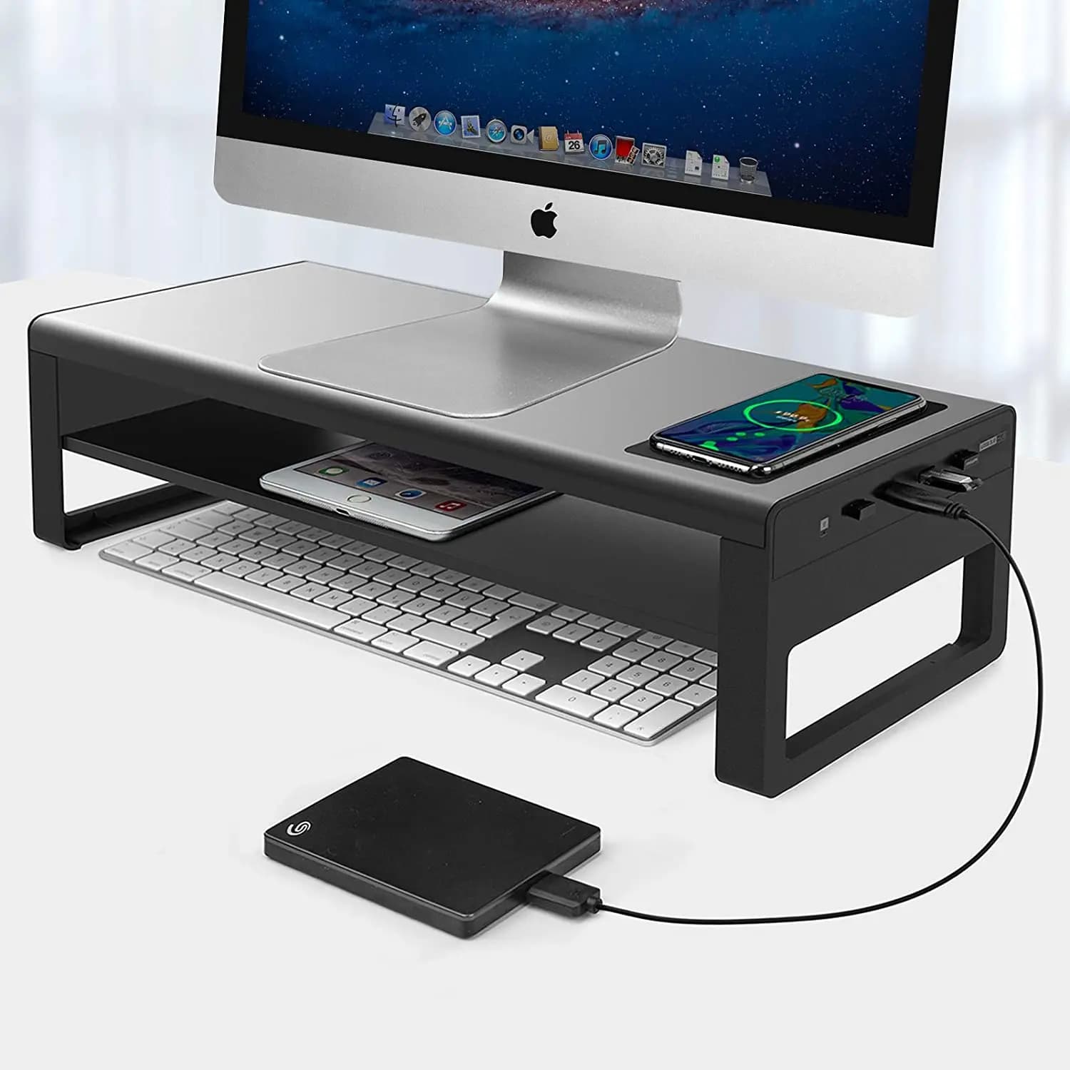 Support for desktop organizer monitor with USB 3.0 hub and wireless charger