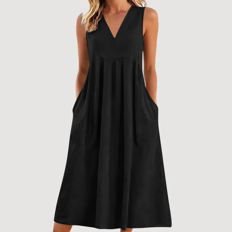 【Nuovo stile】Nuova collezione primavera 2026 abbigliamento donna - Vestito ampio senza maniche in cotone e lino tinta unita con scollo a V, stile oversize