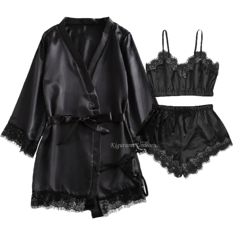 Pigiama Sexy da Donna in Raso Nero, Set 4 Pezzi con Top in Pizzo, Pantaloncini, Vestaglia e Camicia da Notte in Seta
