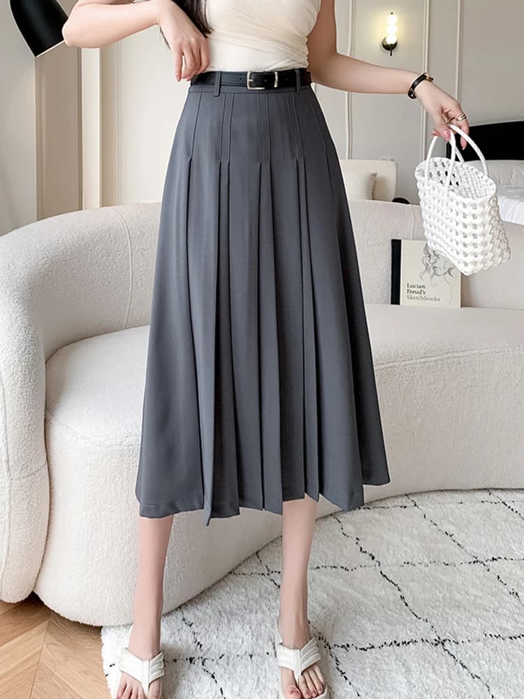 Long skirts vintage high waist for women Spring office clothing Midi trapeze skirts Woman belt Grey Pink Black Saia Plissada