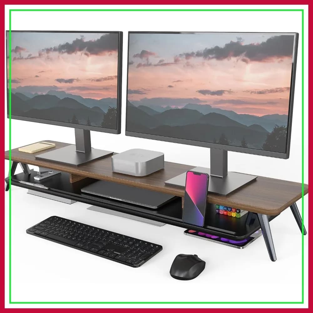 Supporto per Monitor Doppio in Legno da 42,5 Pollici con Spazio di Archiviazione e Gestione Cavi per Scrivania da Ufficio