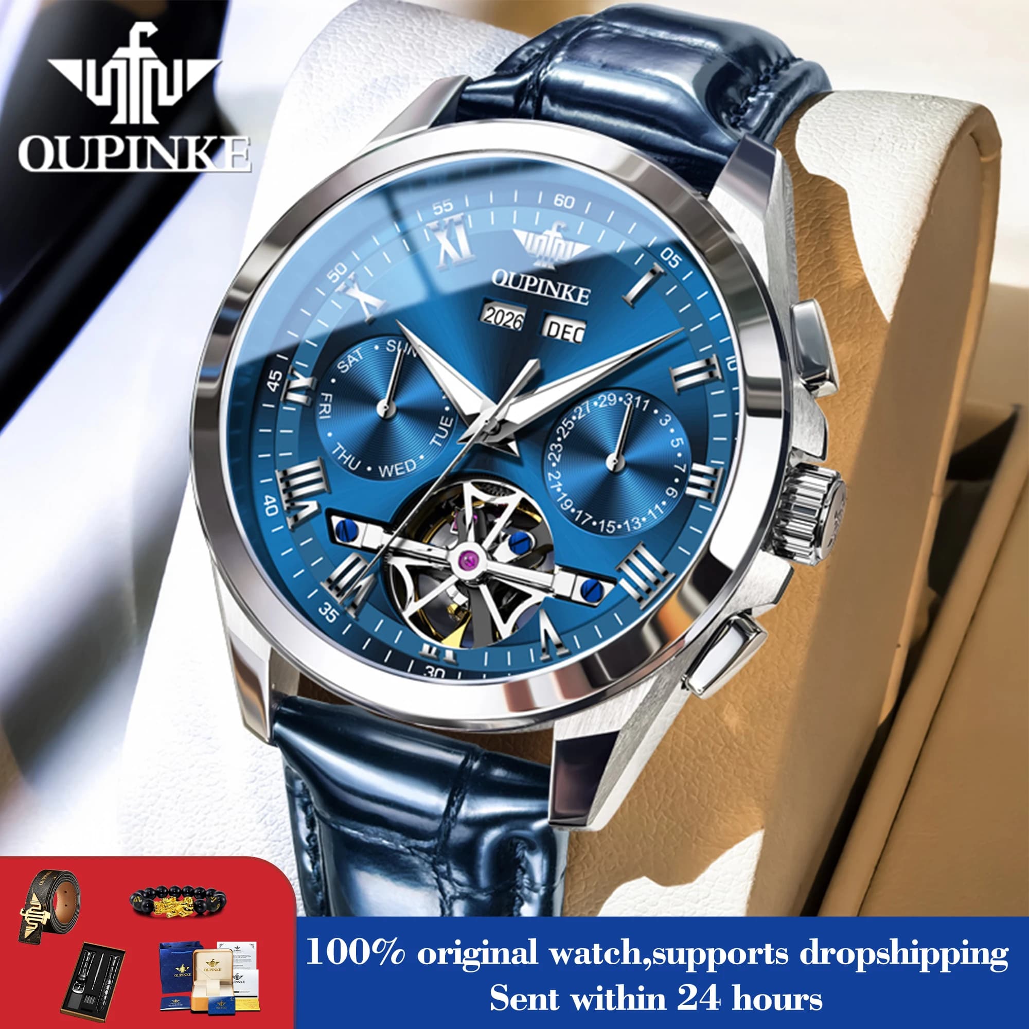 OUPINKE 3281 Orologi Uomo Volano Orologi meccanici automatici per uomo Settimana Data Orologio da polso da lavoro impermeabile Cinturino in pelle