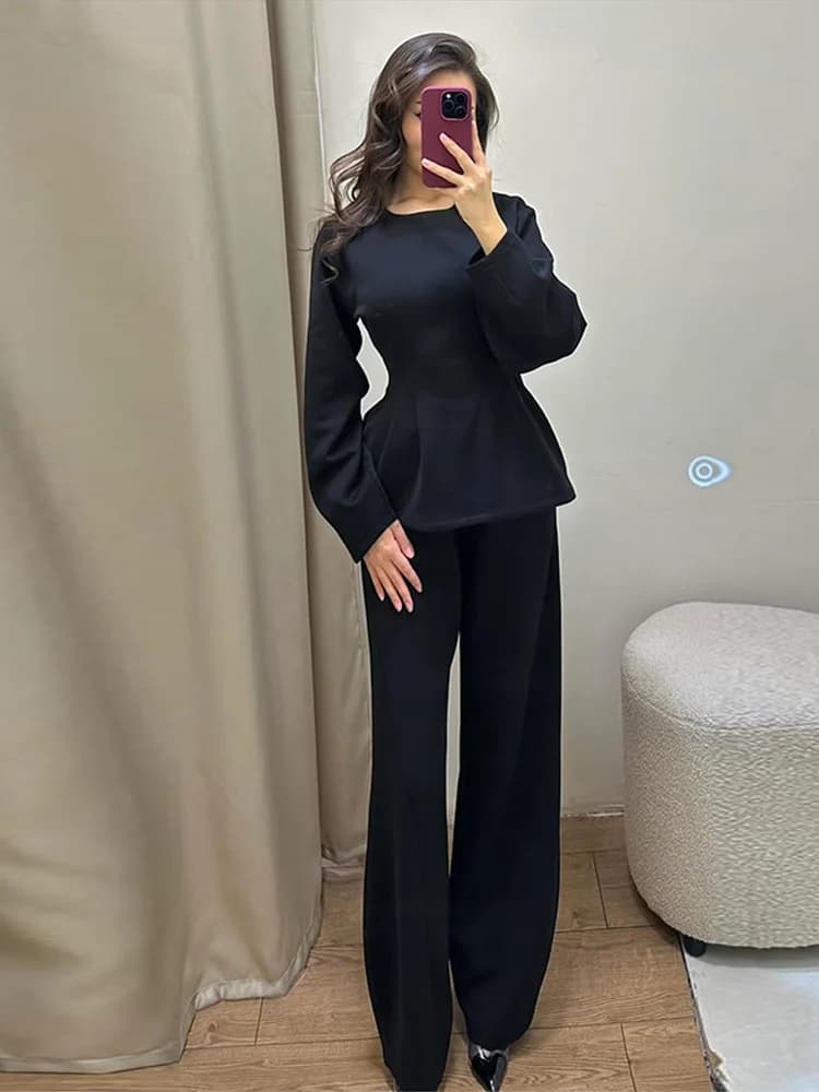 Solid Women's Top Pant Suits Full Sleeve O-Neck Waist-Closed Pleated Jacket Wide Leg Pants 2026 Autumn Chic 2 Pieces Set Women