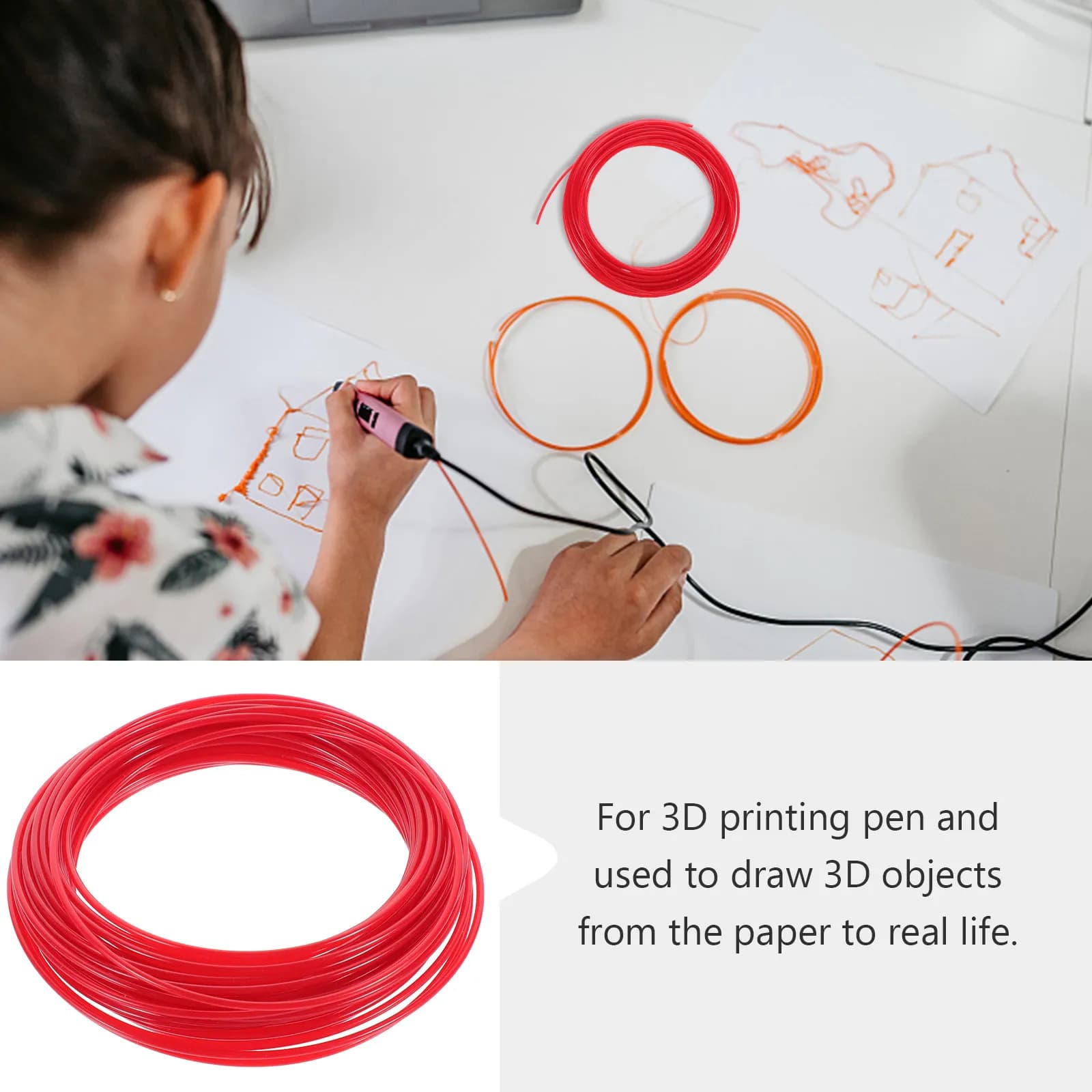 Filamento per Penna 3D da 10 Metri, 1.75mm PLA ABS Compatibile con Tutte le Penne 3D Standard, Basso Ritiro, Confezione Essiccante Sottovuoto