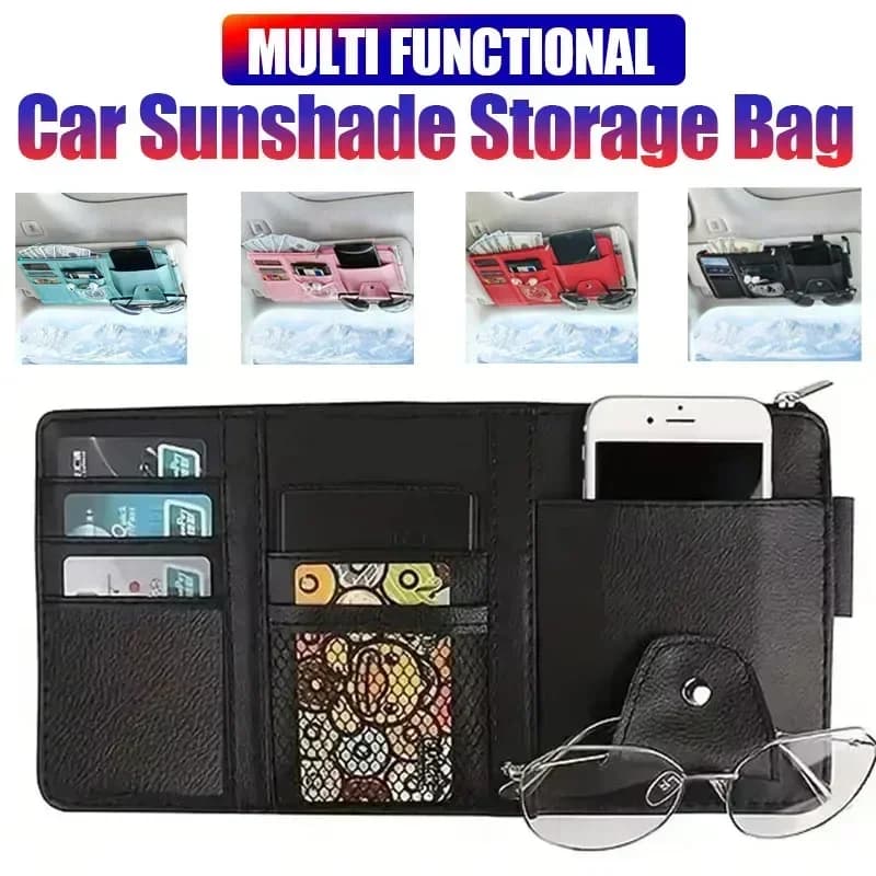 Borsa portaoggetti multifunzionale per visiera parasole con supporto per telefono Custodia per occhiali da sole e slot per schede Accessorio per auto salvaspazio