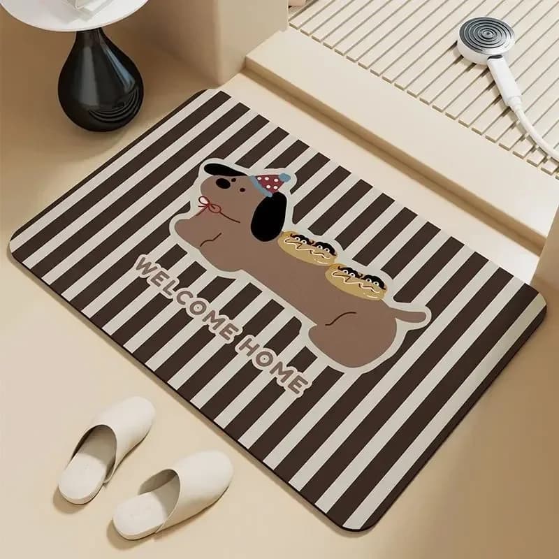 Brown Stripe Dachshund Hot Dog Welcome Mat Cute Dog Holding Food Design Soft Absorbent Entryway Rug Pet Lover Gift