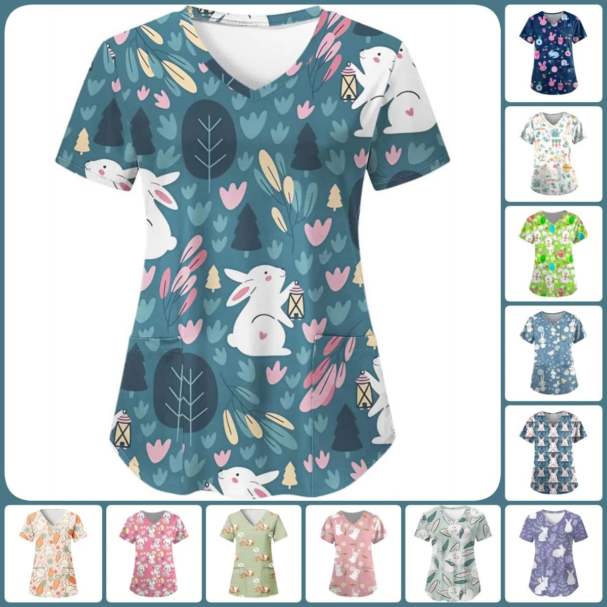 Uniformi Donna Medica Coniglietto pasquale Stampa cartone animato Ostetricia Top infermieristici Scollo a V Manica corta T-shirt Pet Scrub medico per le donne