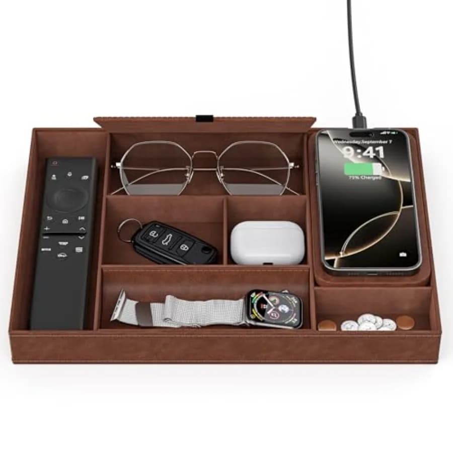 Vassoio Portaoggetti in Pelle con Base di Ricarica Wireless - Organizer da Comodino di Lusso EDC per Uomo - Vassoio da Scrivania Premium per Telefono, Orologio e Accessori