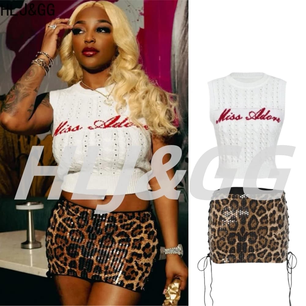 HLJ&GG Moda Maglia Stampa Canotta Due pezzi Set Donna Senza maniche Slim Crop Vest + Leopard Side Bandage Minigonne Abiti