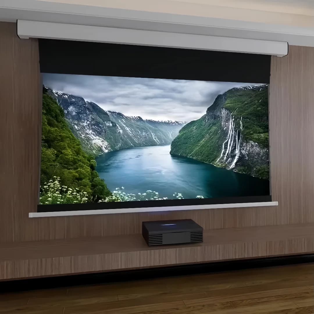 Parete/soffitto con linguetta da 150 pollici 4K ALR Luce ambientale che rifiuta lo schermo di proiezione del proiettore cinematografico motorizzato elettrico