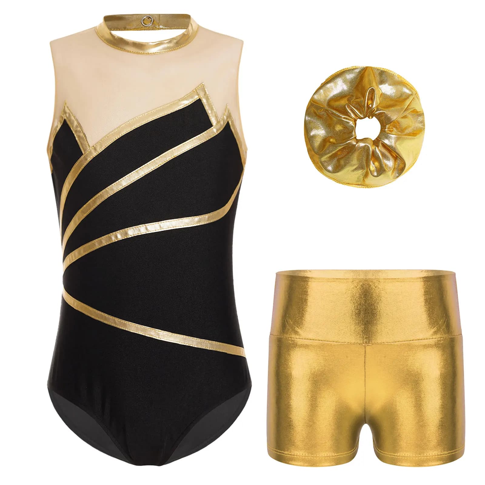 Set sportivo per bambina, body da ginnastica per balletto senza maniche con pantaloncini metallici, fascia per capelli per performance di allenamento di pattinaggio su ghiaccio