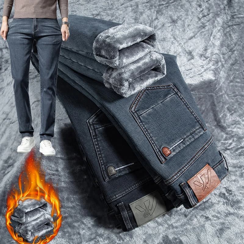 Jeans in pile caldo invernale Pantaloni in denim ispessito elasticizzato dritto da uomo Business Casual Abbigliamento maschile Pantaloni in peluche di marca di moda