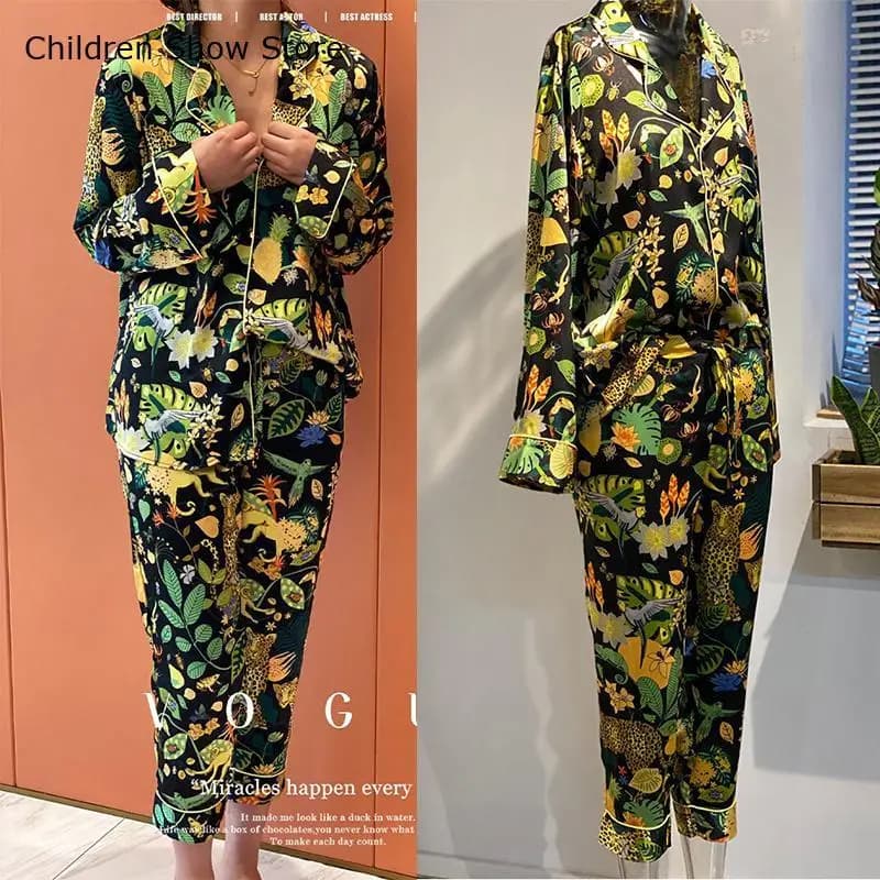 Green leoparded pajamas Fashion house clothing for women Trained 2 pieces Pjs Ice silk pyjamas Long sleeve shirt and pants Nightwear