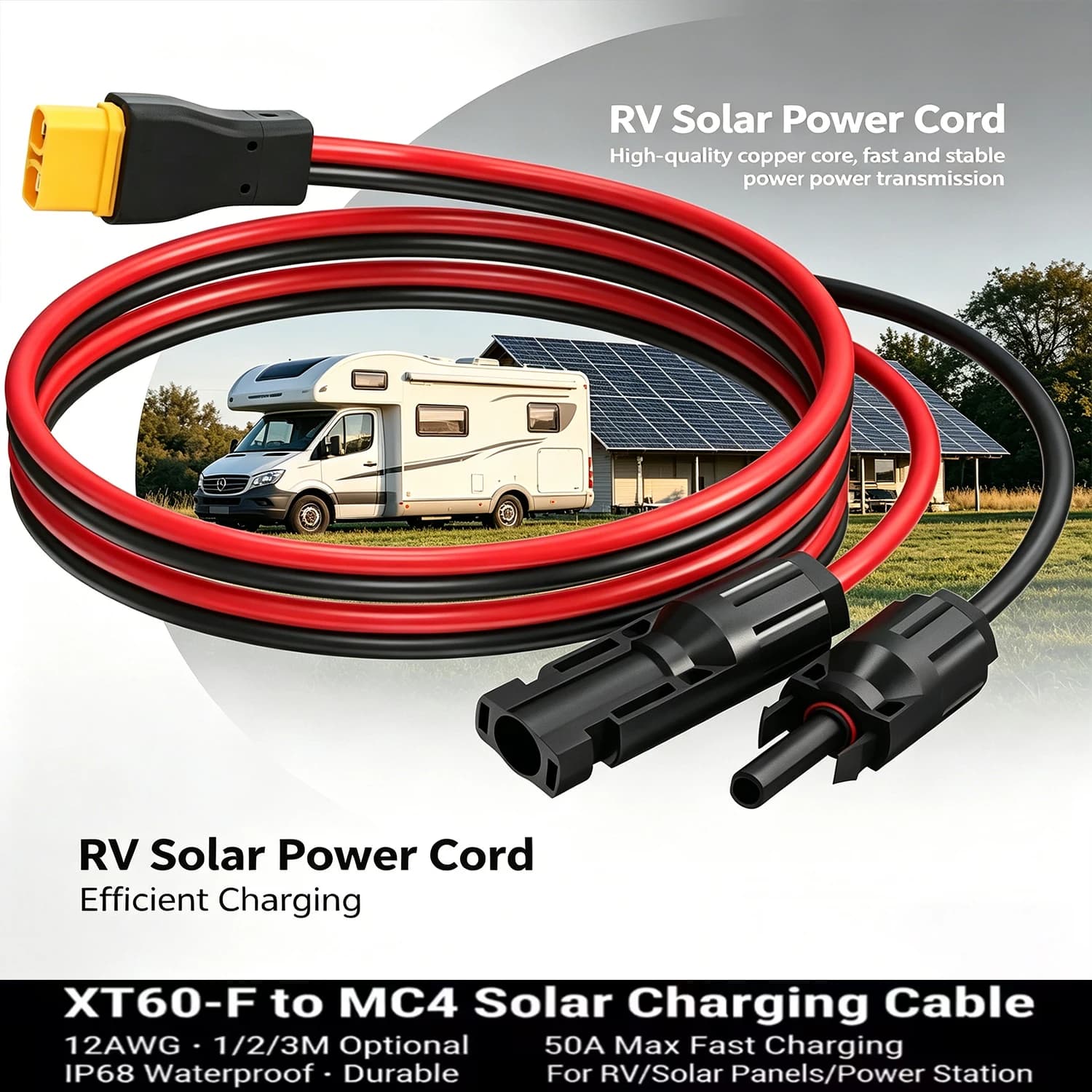 Cavo di prolunga solare XT60 12AWG 100/200/300 cm – Cavo in rame stagnato impermeabile IP68 per pannelli solari, camper, camion, barche