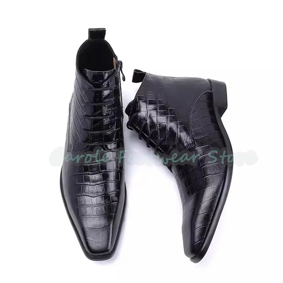 Fashion Genuine Leather Ankle Boots for Men Pointed Toe Chunky Heel High Top Lace-Up Boots Male Wedding Business Dress Shoes