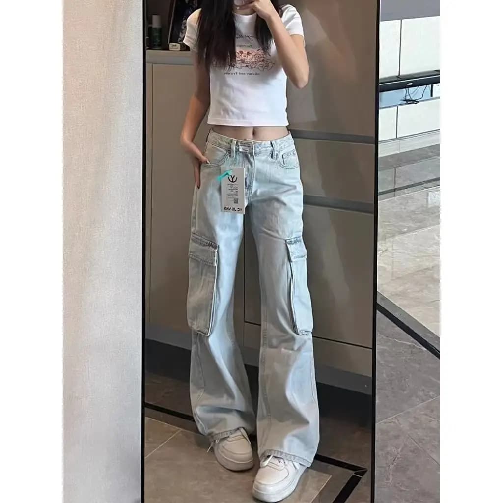 Jeans da lavoro azzurri per donna 2025 Nuovo modello con design multitasche Tubo dritto Pantaloni larghi e dimagranti e a gamba larga
