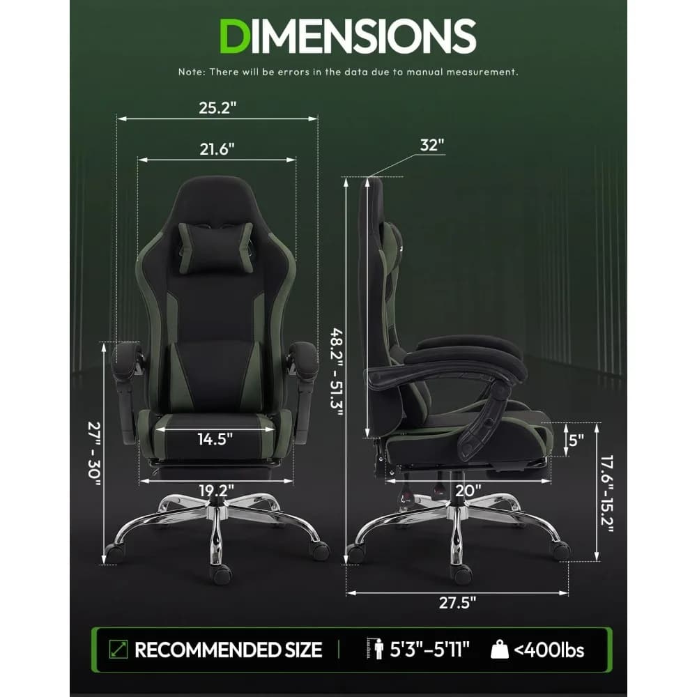 330lbs Ergonomic Gaming Chair, Massage Lumbar, Footrest, Headrest & 2D Linkage Armrests, Customized