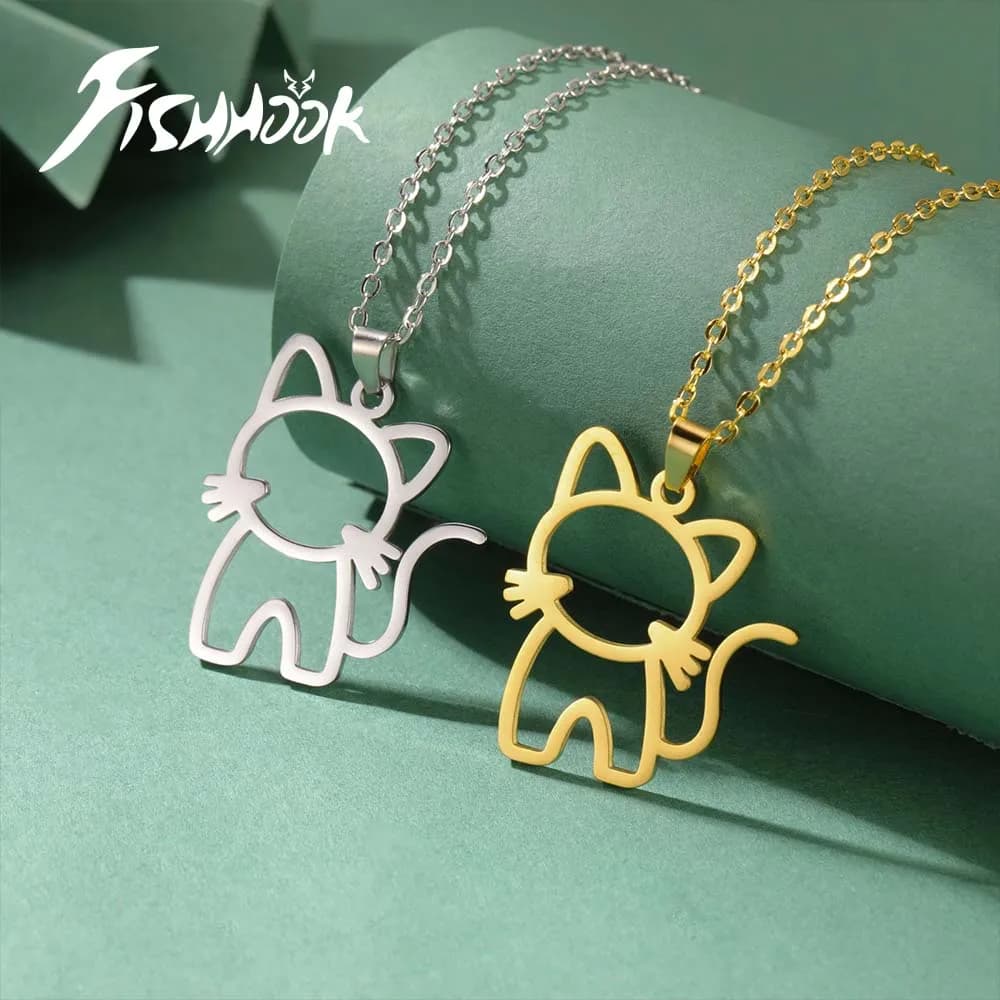 Collana con gatto carino per uomo donna bambino figlia famiglia di animali catena cava color oro ciondolo in acciaio inossidabile gioielli regalo