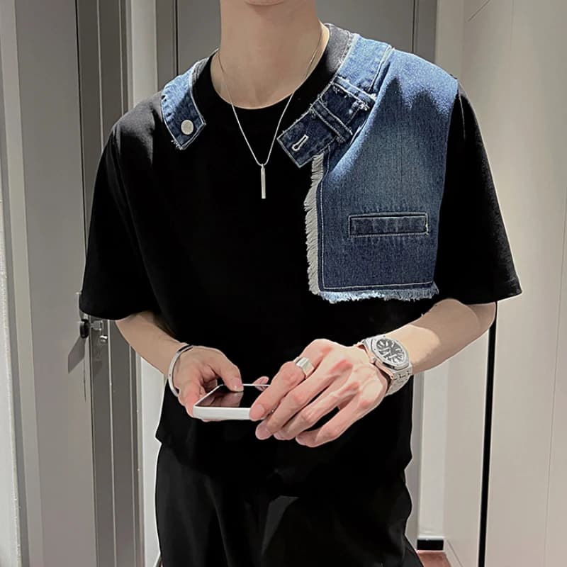 T-shirt patchwork in denim coreano finto in due pezzi T-shirt estiva da uomo manica corta allentata casual T-shirt sociale streetwear Harajuku