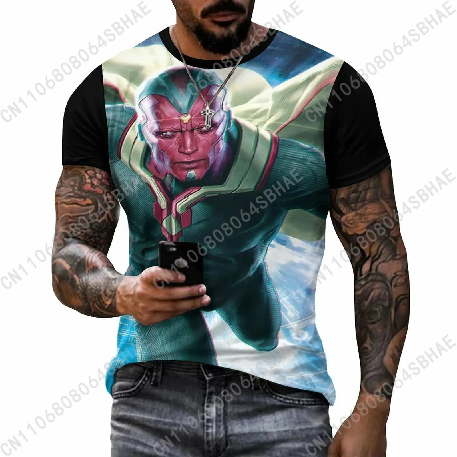 T-shirt in cotone da uomo con motivo personalizzato Marvel Vision, maglietta a maniche corte, maglietta personalizzata, cosplay estivo