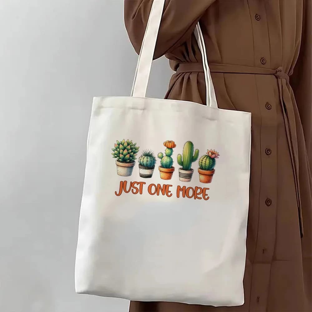 Cute Cactus Succulent Printed Canvas Tote Bag Just One More Plant Women Shoulder Bag Eco Friendly Reusable Shopping Handbag