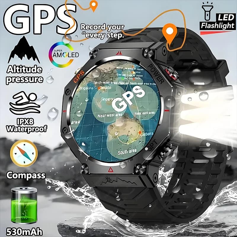 GPS 2025 open air sports smartwatch with LED torch and compass, altitude, air pressure, Bluetooth call, waterproof fitness clock