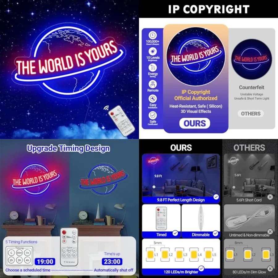 Insegna al Neon 'The World Is Yours', Lampada LED a Forma di Pianeta con Dimmer Remoto per Decorazione Murale, Alimentazione USB per Man Cave, Home Bar, Bistrot